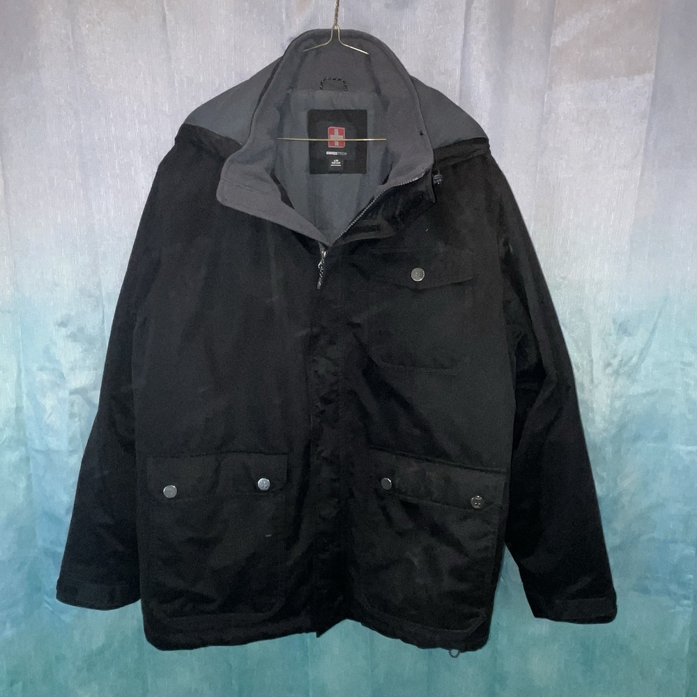 Swiss Tech Jacket Mens Large Black Coat Full Zip Hooded Parka‎ Pockets Insulated